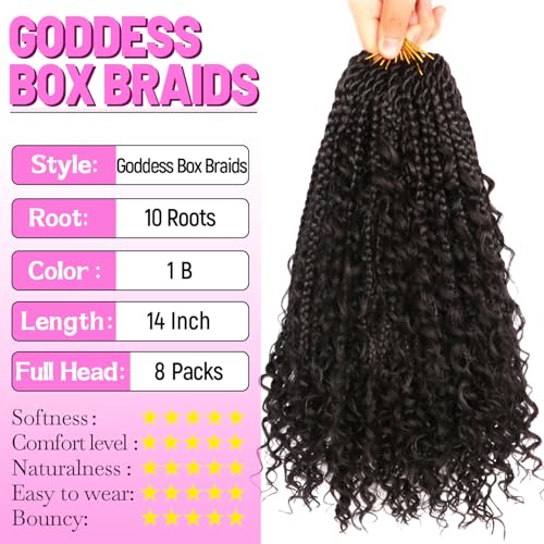 Goddess Boho Box Braids Crochet Hair-8 Packs 14 Inch Crochet Box Braids for Black Women Pre Looped (1B, 14 Inch (Pack of 8)) - color: 1B#, size: 14 Inch (Pack of 8)
