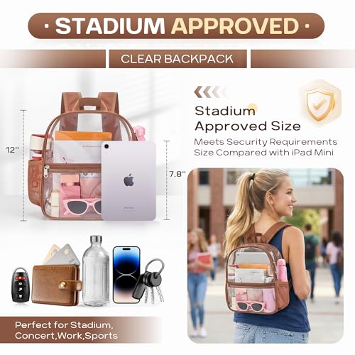 Oraben Clear Backpack Stadium Approved, 12 x 6 x 11 in, Small Transparent Backpack for Concerts, Sports Events, Festivals, Travel, Waterproof PVC, Adjustable Straps, Women Men - color: Coffee Brown, style: Enhanced Strap