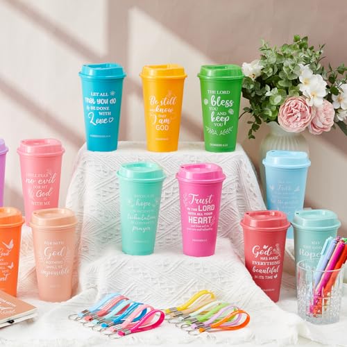 Skylety 12 Set/ 48 Pcs Christian Gifts for Women Men Religious Gift Set 16 oz Bible Scripture Cups with Lids Mini Spiral Notebooks Pens Keychains for Mother Father Birthday(Soft Color) - color: Soft Gradient