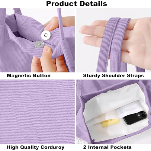 Corduroy Tote Bag for Women Small Canvas Shoulder Purse Cord Handy Bag with Inner Pocket | with Front Pocket - color: 02 Purple