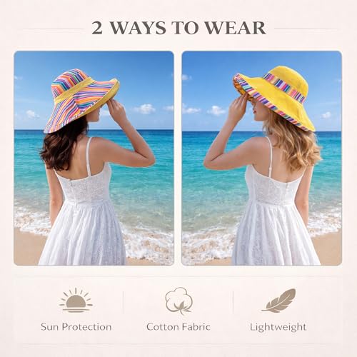 Wide Brim Sun Hat for Women Reversible Beach Hats Metal Wired Edge Gardening Hats, UPF 50+ Bucket Summer Hat - color: Yellow Boho-style