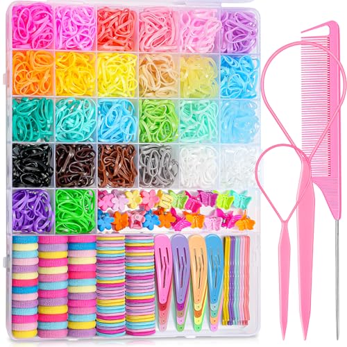 TsMADDTs Elastic Hair Ties, Colorful Hair Accessories for Baby Toddlers Kids Girls, 26 Colors Small Rubber Bands Set with Ties and Clips, Styling Tools - color: 26 Colors