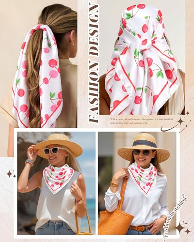 AWAYTR 35” Square Satin Head Scarf Hair Scarf for Women's Hair Silk Bandana for Women Silk Head Wrap for Sleeping - color: Cherry White