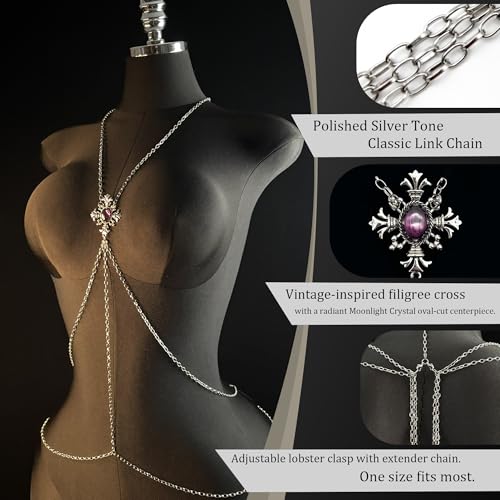 Paloli Gothic Cross Body Chain for Women – Silver Tone Adjustable Waist Body Jewelry, Vintage Filigree Y-Style Harness Necklace for Festival Party Outfit - style: Amethyst Purple