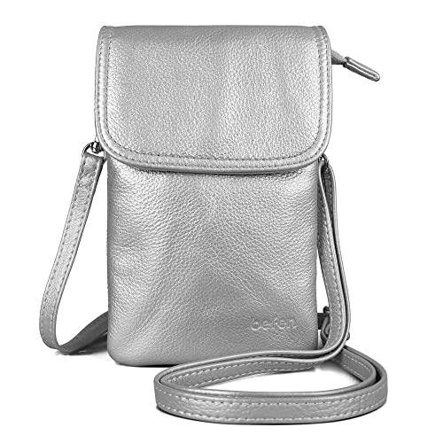 befen Genuine Leather Small Crossbody Bags for Women Cell Phone Bag Cross Body Purses,Silver Zipper - color: Sliver Grey