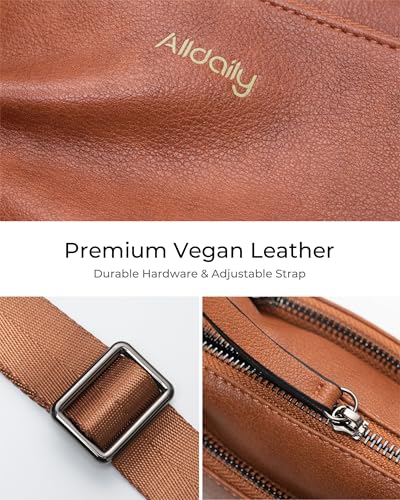 Alldaily Small Triple Zip Crossbody Purse for Women, Vegan Leather Phone Bag with Wide Shoulder Strap - color: Brown