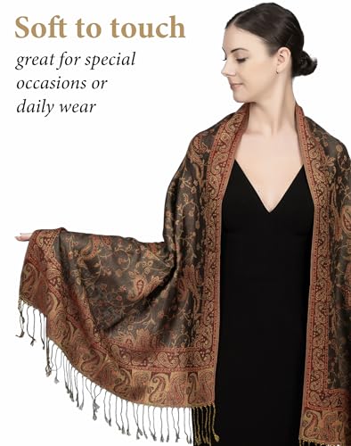 Achillea Reversible Paisley Pashmina Rave Scarf – Exotic Indian Shawls and Wraps for Evening Dresses, Festivals, All Seasons - color: Olive Burgundy