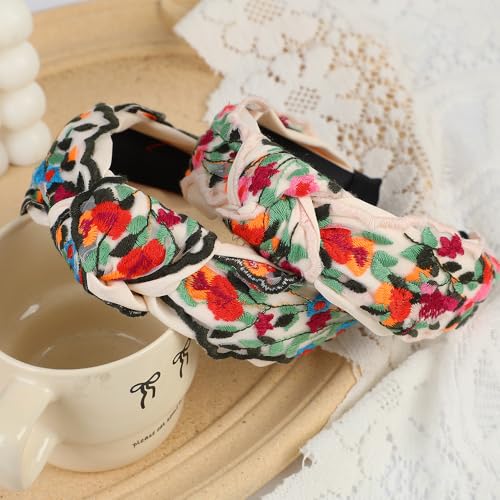 TURTLEDOVE 2 PCS Celtic Flowers Embroidered Headbands, White with Multicolor Flowers, Knotted Design, Wide Fashion Hair Accessory - color: White