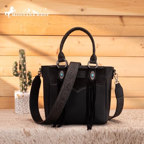 Montana West Western Cowhide Crossbody Bag for Women Designer Leather Tassel Top Handle Handbags - color: Black