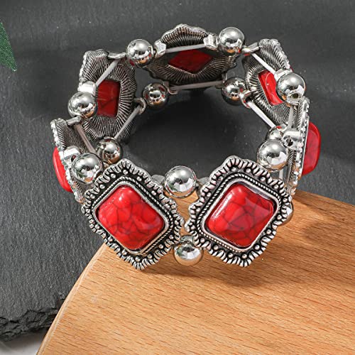 COLORFUL BLING Bohemian Simulated Turquoise Stretch Bangle Bracelet for Women Adjustable Ethnic Natural Stone Statement Wide Wrap Bracelet Boho Jewelry - color: square red