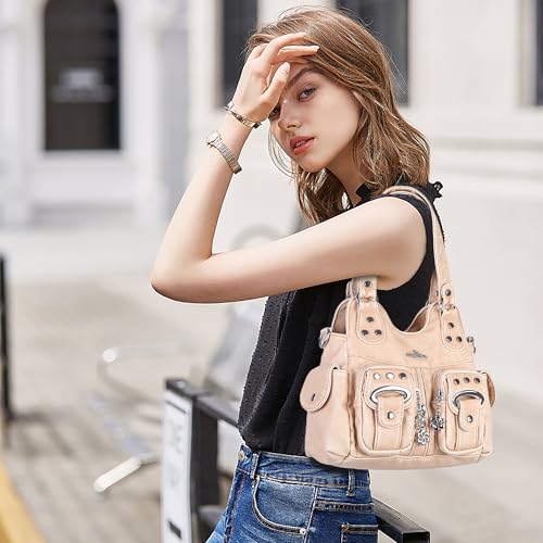 Angel Kiss Small Hobo Purses for Women, Washed Vegan Leather Multi-Pocket Purse, Shoulder Handbag with Adjustable Strap - color: Retro Apricot