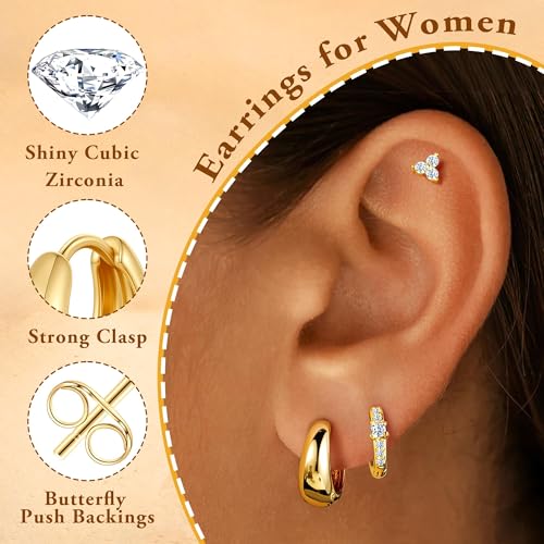 Turandoss Gold Earring for Women, 14K Gold Plated Hypoallergenic Chain Earring Dainty Huggie Flat Back Earrings Earring Stack for Multiple Piercings