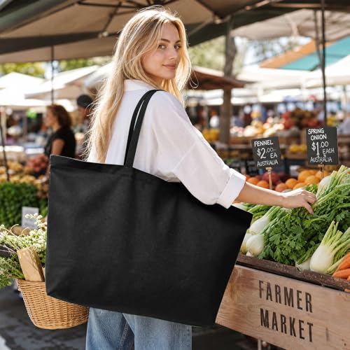Large Canvas Tote Bag-Extra Big Shopping Beach Totes Bags Reusable Largest Grocery Plain Solid Bag 28"x8"x16" - color: Black With Zipper