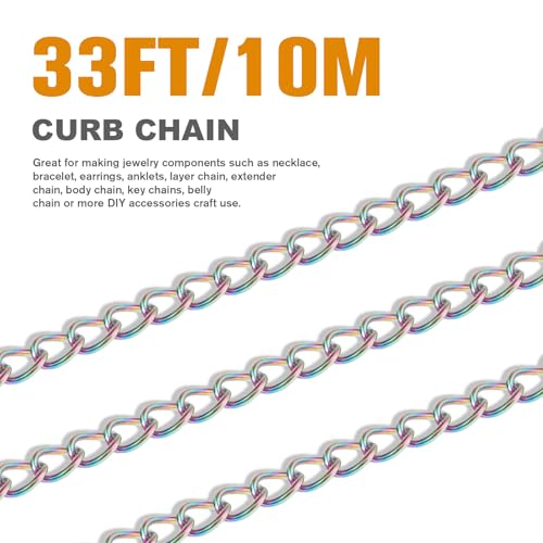 33FT Colorful Stainless Steel Curb Chains Roll, 2.5mm 304 Stainless Steel Multi Color Flat Twisted Links Curb Chains Bulk Spool for Jewelry Making DIY Craft - color: Colorful, size: 2.5mm width