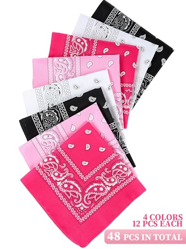 Unittype 48 Pieces Paisley Bandana Novelty Unisex Cowboy Headband Sports Bandannas Scarf Outdoor for Western Party Costume - color: White, Pink, Rose Red, Black, style: Classic