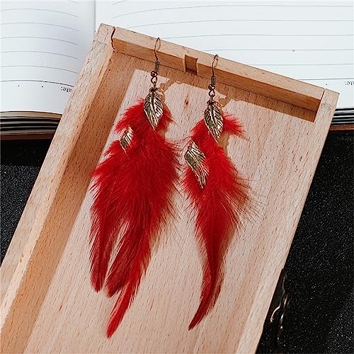Bohemian Handmade Natural Long Feather Dangle Earrings for Women Multicolor Tassel Feathers Dangle Drop Earrings Vintage Bohemian Earrings Boho Feather Earrings - color: Red