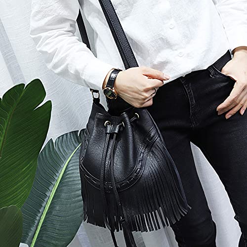 Hoce Women’s Leather Fringe Messenger Bag Large Hobo Crossbody Tassel Shoulder Bags, Gift for Mom Wife Girlfriend - color: C-black