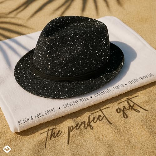 Funky Junque Straw Fedora Hats for Women - UPF 50+ Sun Hat, Short Brim Packable Beach Hat with Woven Pattern - color: Sequin - Black