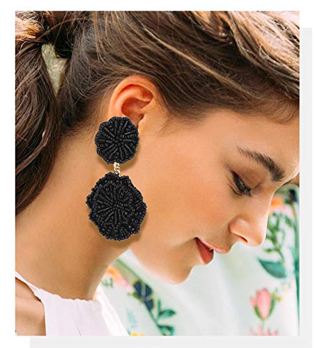 Statement Beaded Drop Earrings for Women Layered Bead Dangle Earrings - color: Black