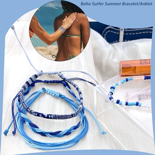 Beach Summer Ankle Bracelet for Women Handmade Braided Adjustable String Anklets Waterproof Surfer Bracelet - color: blue