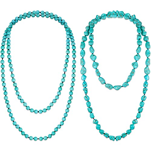 Henoyso 2 Pcs Turquoise Beads Necklace 47.5 Inch Long Endless Necklace Multi Strand Layer Knotted Homemade Jewelry - style: Fresh Style