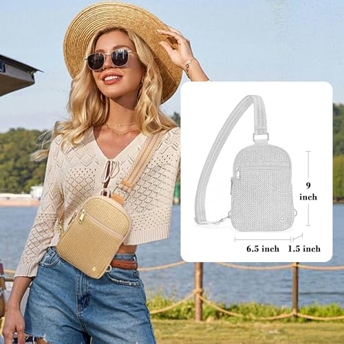 Haytijoe Faux Straw Crossbody Bags for Women RFID Summer Raffia Sling Bag Beach Vacation Travel Purse - color: Dessert Khaki