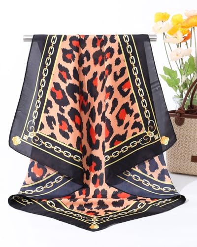 AWAYTR 27.5” Square Satin Head Scarf Hair Scarf for Women's Hair Silk Bandana for Women Silk Head Wrap for Sleeping - color: Leopard (Oil Green)