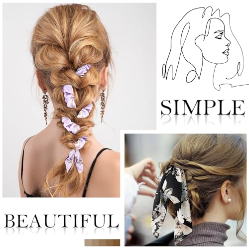 Chuangdi 10 Pcs Hair Scrunchies Hair Scarf with Ribbon Bunny Ears Chiffon Floral Bow Ponytail Holder Boho Elastic Floral Ropes 2 in 1 Vintage Accessories for Women(Bright Flower) - style: Bright Flower