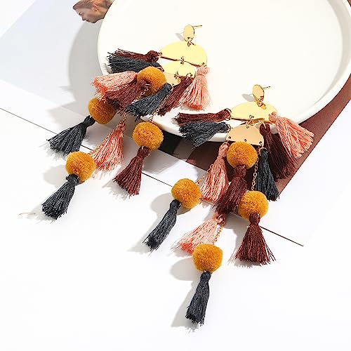 Long Tassel Earrings for Women Colorful Fringe Drop Dangle Earrings Bohemian Hawaiian Summer Beach Jewelry for Womens Vacation Outfits - color: Coffee