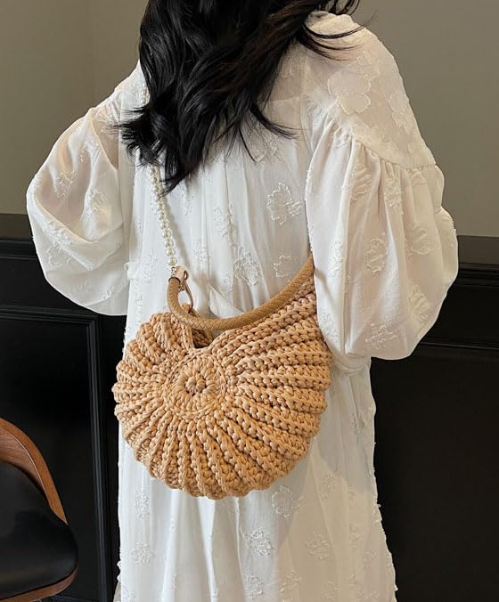 Handmade Crochet Tote Bag Seashell Purse for Women Boho Shell Handbag Crossbody Shoulder Bag Summer Beach Clutch Hobo Handbag - color: Lightkhaki