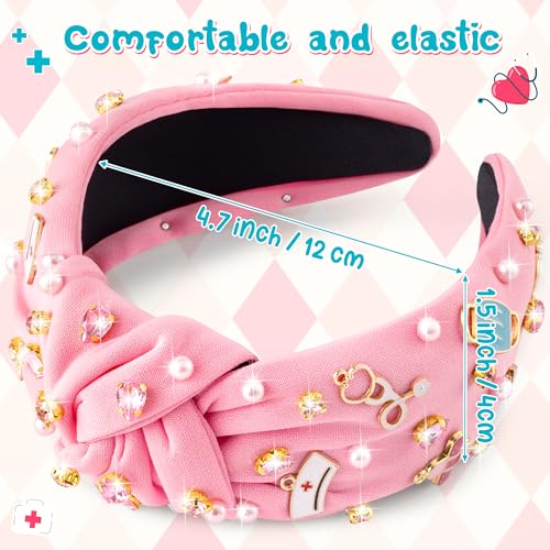 PANTIDE Nurse Jeweled Knotted Headband - Christmas Nurse Day Gift Medical Mask Rhinestone Crystal Pearl Embellished Headband Wide Top Knot Hair Accessories for Doctor Nursing Student Women Girl (Pink) - color: Pink Nurse