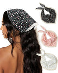 AWAYTR 3Pcs Hair Bandanas Head Kerchief for Women Girls Tie-Back Boho Hair Scarf Headband Bandana Triangle Head Scarf - color: Flower - White / Pink / Black