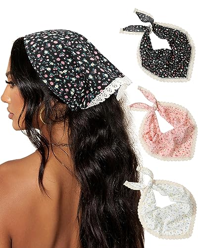 AWAYTR 3Pcs Hair Bandanas Head Kerchief for Women Girls Tie-Back Boho Hair Scarf Headband Bandana Triangle Head Scarf - color: Flower - White / Pink / Black