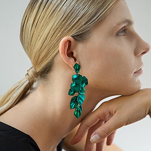 Long Acrylic Rose Petal Earrings Dangle Exaggerated Flower Earrings Drop Statement Floral Tassel Earrings for Women - color: Dark Green