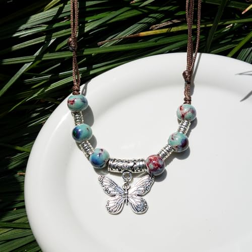 Boho Style Colorful Ceramic Bead Strand Necklace Adjustable Bohemian Jewelry Gift for Women, Fashion Clothing Matching Necklace - color: Green-S