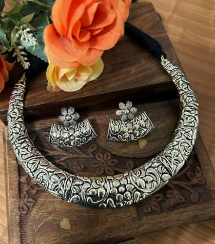Indian Afghani Hasli Style Silver Oxidized Tribal Boho Statement Kutchi Choker Necklace Jewelry Women