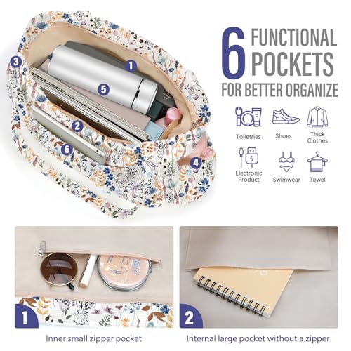 Corduroy Tote Bag for Women,Large Capacity Cute Tote Bags With 6 Pockets,Crossbody Shoulder Handbag for Work Travel Gym - color: Blue Watercolor Flowers