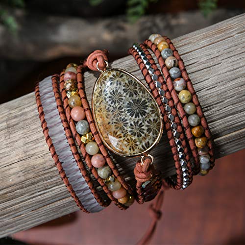 YGLINE Natural Stone Beaded Healing Wax String 5 Wraps Bracelets - color: coral jade