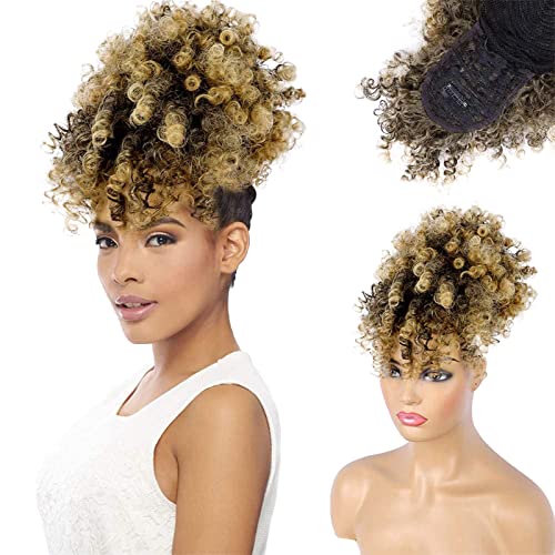 Drawstring Ponytail with Bangs Afro Puff Ponytail Extensions for Women Short Curly Puff Ponytail with Bangs Clip in Wrap Updo Hairpiece for Women (T27) - color: T27