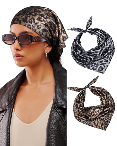 AWAYTR Y2K Hair Bandanas for Women Hair - 2Pcs Punk Head Wraps for Girls Hair Scarf Grunge Disco Head Cover - color: Leopard (White/Gold)