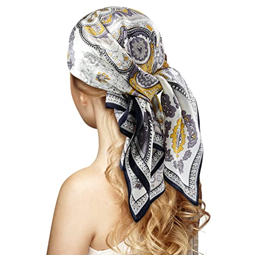 Stlvoll 100% Silk Head Scarf for Women - 27" Hair Scarves Satin Bandanas Square for Night Sleeping with Gift Packed - color: White/Yellow/Cashew Flower