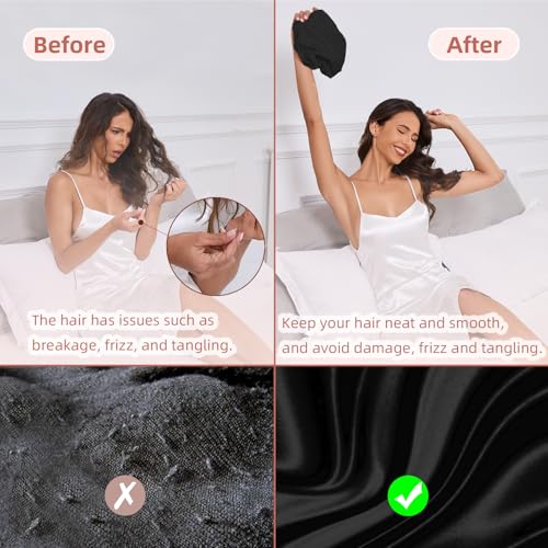Adjustable Silk Satin Hair Bonnet for Sleeping Women, Double Layer, Silk Hair Wrap for Sleeping Women Men, Curly Natural Braid Straight Unisex - Black - color: Black