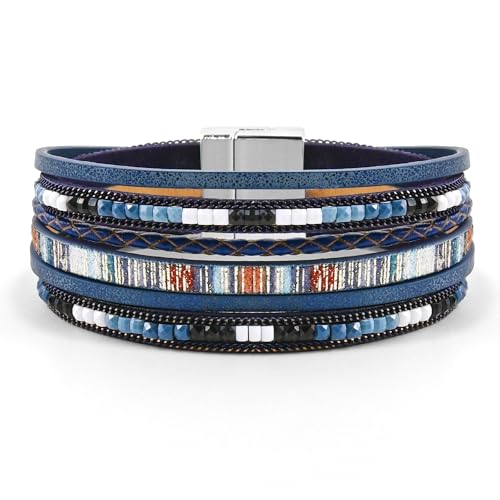 VIBILIA Boho Leather Wrap Bracelets for Women Multi-Layer Bracelets with Strong Clasp Jewelry for Women - color: 03-BohoBraid-RoyalBlue
