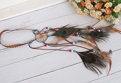Women Lady Bohemian Peacock Feather Headband Dreamcatcher Headdress Hippie Headpiece Headwear Handmade Tribal Indian Fascinator Feather Hairband Hair Accessories - color: brown