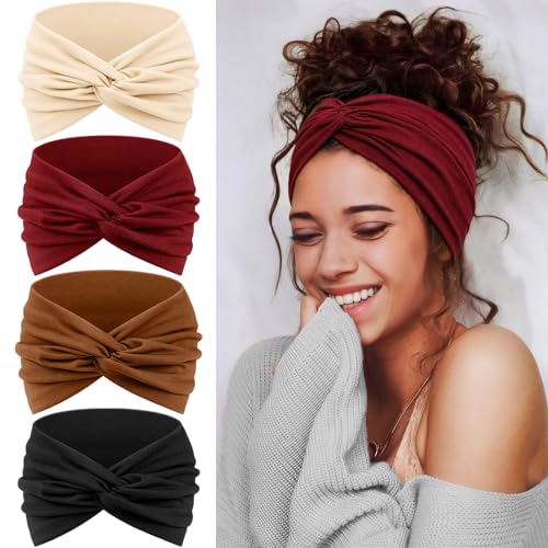 Wide Headbands for Women's Hair, 4 Pcs Hair bands – Vintage Turban Elastic Head Bands Adult Women Soft Head Wraps Knotted for Yoga & Workout – Summer Fashion Hair Accessories (Burgundy Red) - color: Burgundy Red