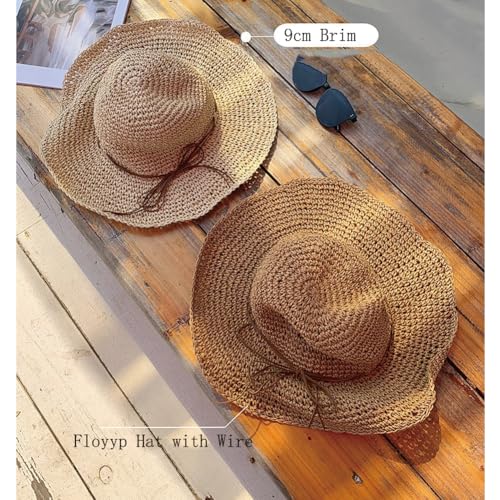 Women Straw Sun Hat Summer Beach Hats Foldable Floppy Cap Wide Brim Bucket Hat Solid Handmade Sun Protection Caps - color: Khakia