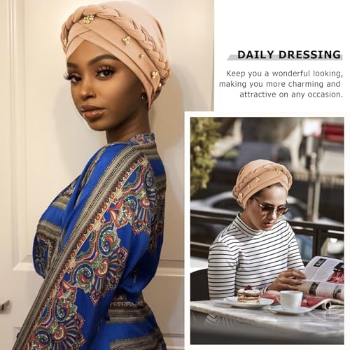 African Women Turban Caps Pre-Tied Twisted Turbans Head Scarf for Women Hair Wraps Cover Beanie Cancer Chemo Headwear - color: 1 Pack Twisted Braid: Gold Bead Khaki