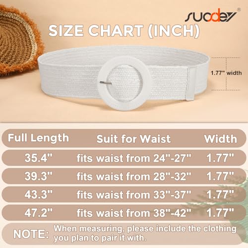 SUOSDEY Straw Woven stretchy Waist Belt for Women Dresses,Wide Boho Braided Elastic Belt with Round Buckle - color: 04-white, size: Fits waist from 24"-27"