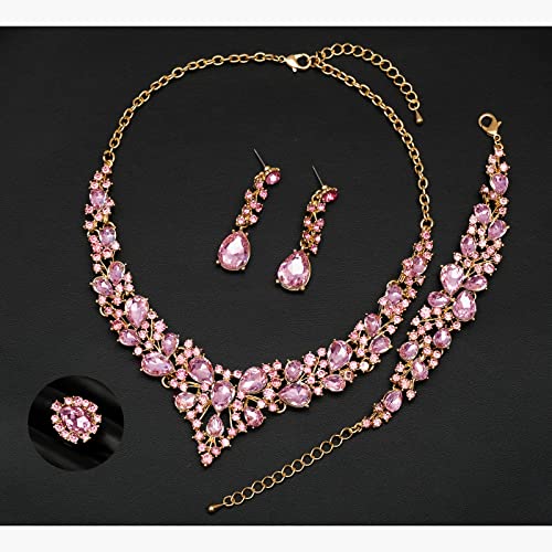 CSY 4 Pcs/Set Austrian Crystal Necklace Earrings Bracelet Ring Bridal Jewelry Sets for Brides Wedding Party Costume Accessories Gifts for Women - color: 02-gold plated-pink