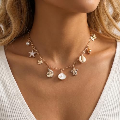 Shell Starfish Necklace for Women, Gold Plated Boho Layered Pendant Necklace with Pearl Conch Charm, Dainty Coastal Summer Beach Vacation Jewelry Gifts - style: White Shell Charm 1Pcs